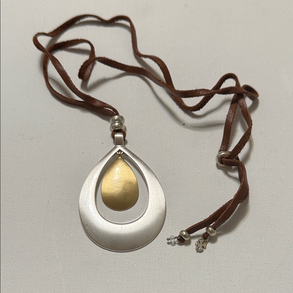 Lucky brand Elegant Silver and Gold Teardrop Pendant Necklace 26’ long